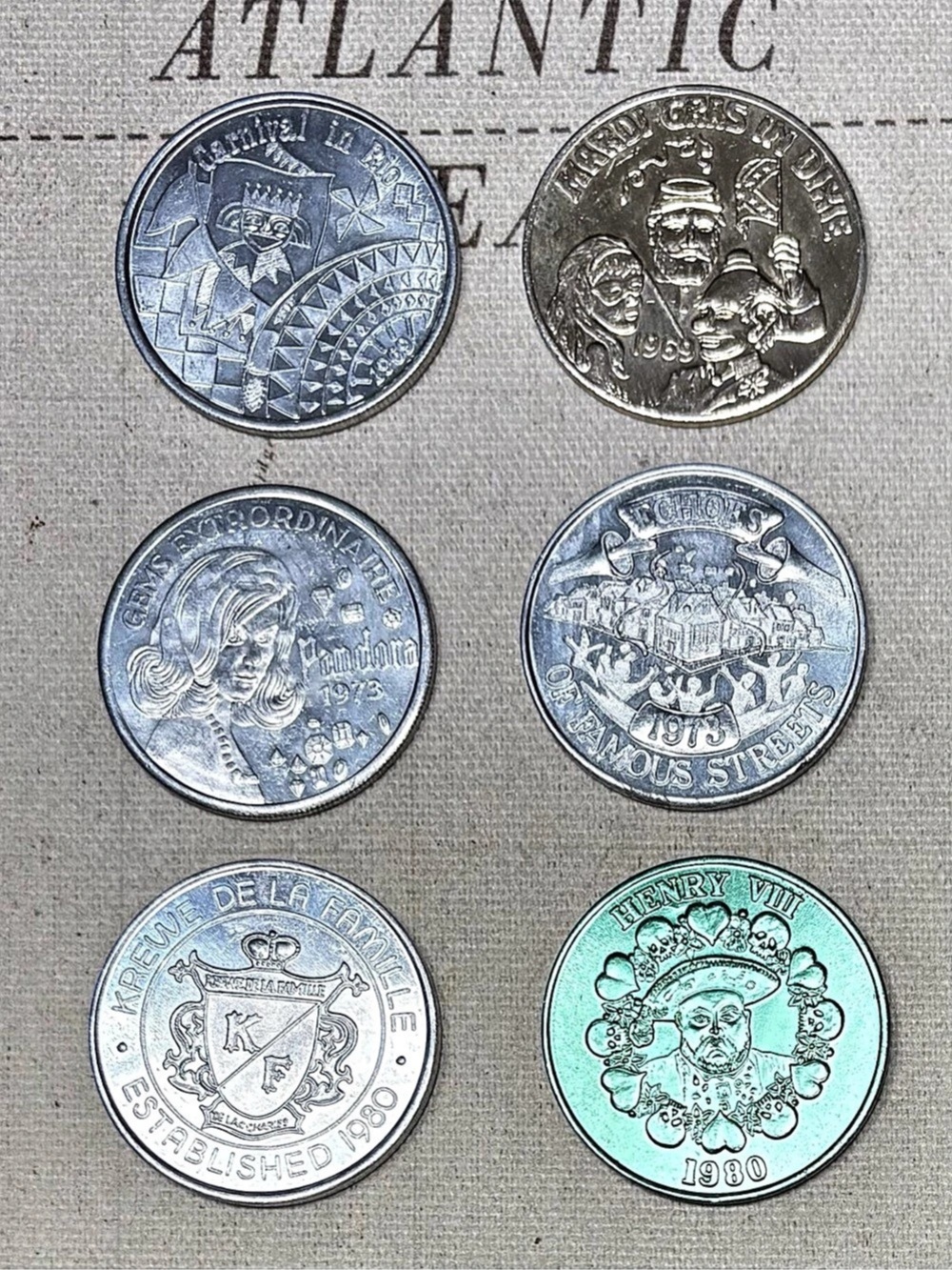 Lot of 6 Vintage Mardi Gras Doubloons New Orleans, Houma LA, VFW 1969-‘73- ‘80